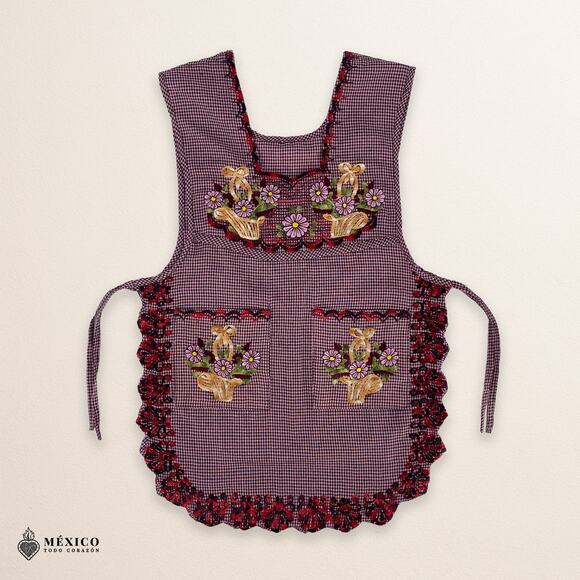 Reddish Mexican Embroidered Smock Apron – Floral Traditional Design for Women - Picture 3 of 8